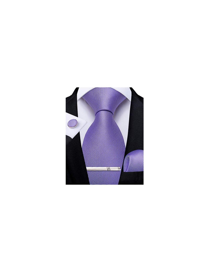 DiBanGu Mens Silk Necktie Solid Color Tie and Pocket Square Cufflink Tie Clip Set Woven Plain Ties for Men Wedding Party, Lavender Purple - Image 1